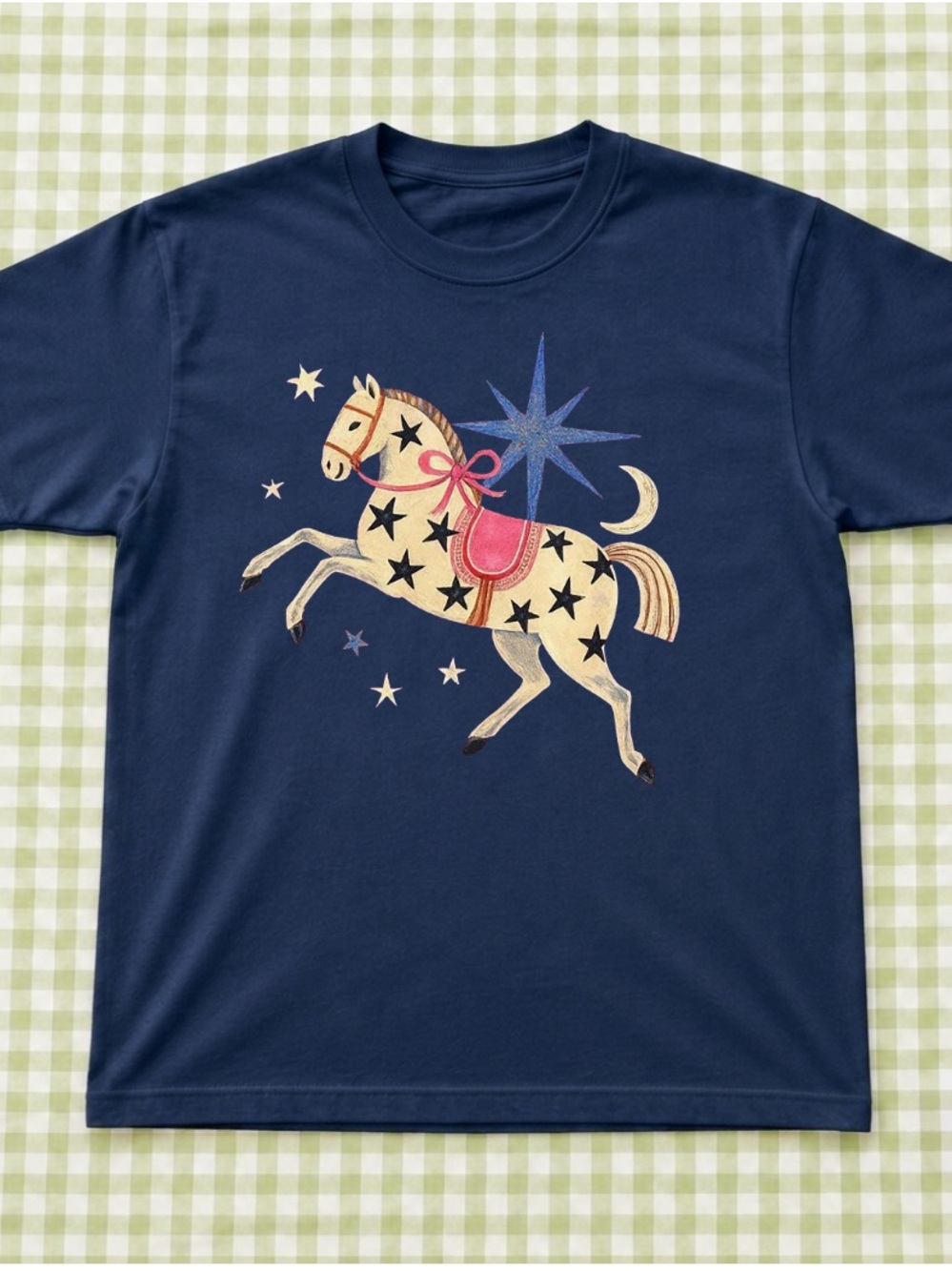 Navy Star Horse Graphic Short Sleeve Tee, Vintage Style For Unisex